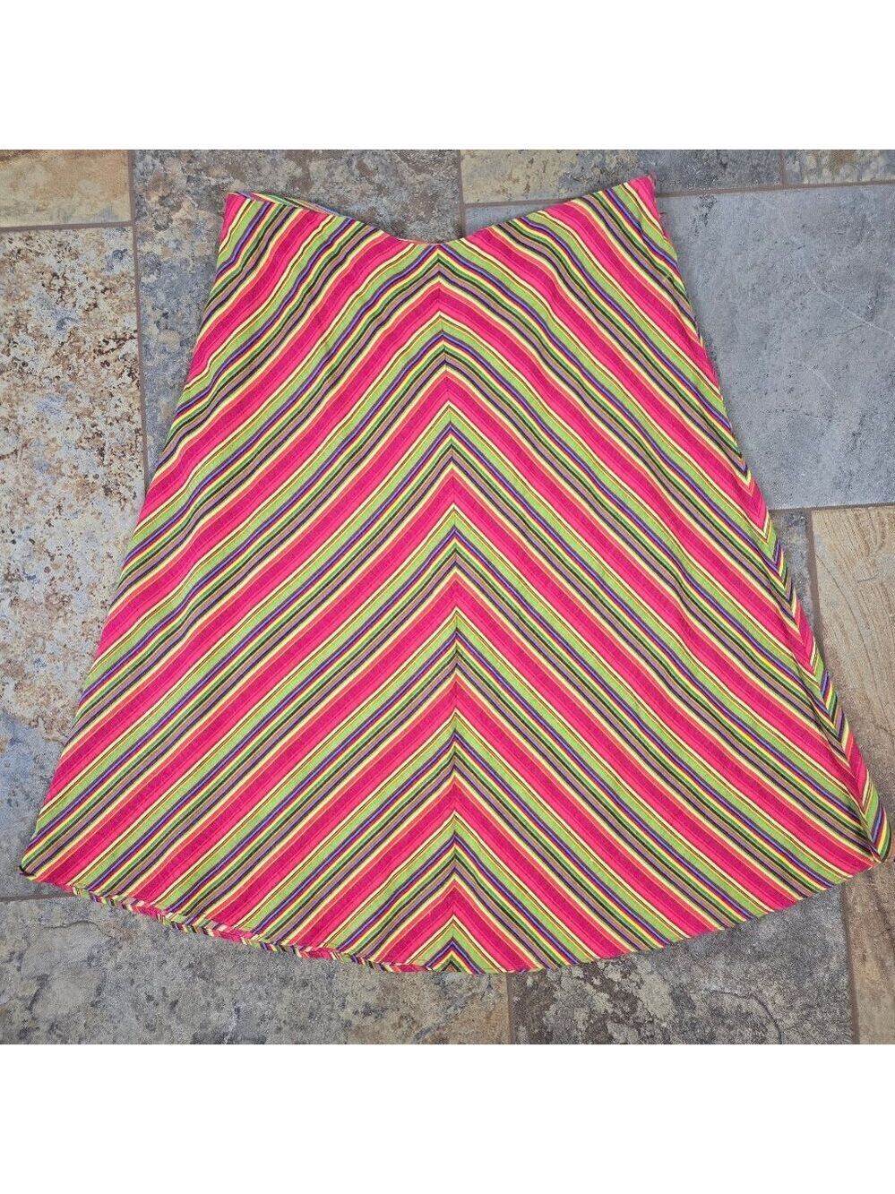 Hannah Size Large Rainbow Striped Linen Blend A-Line Skirt Hidden Back Zip